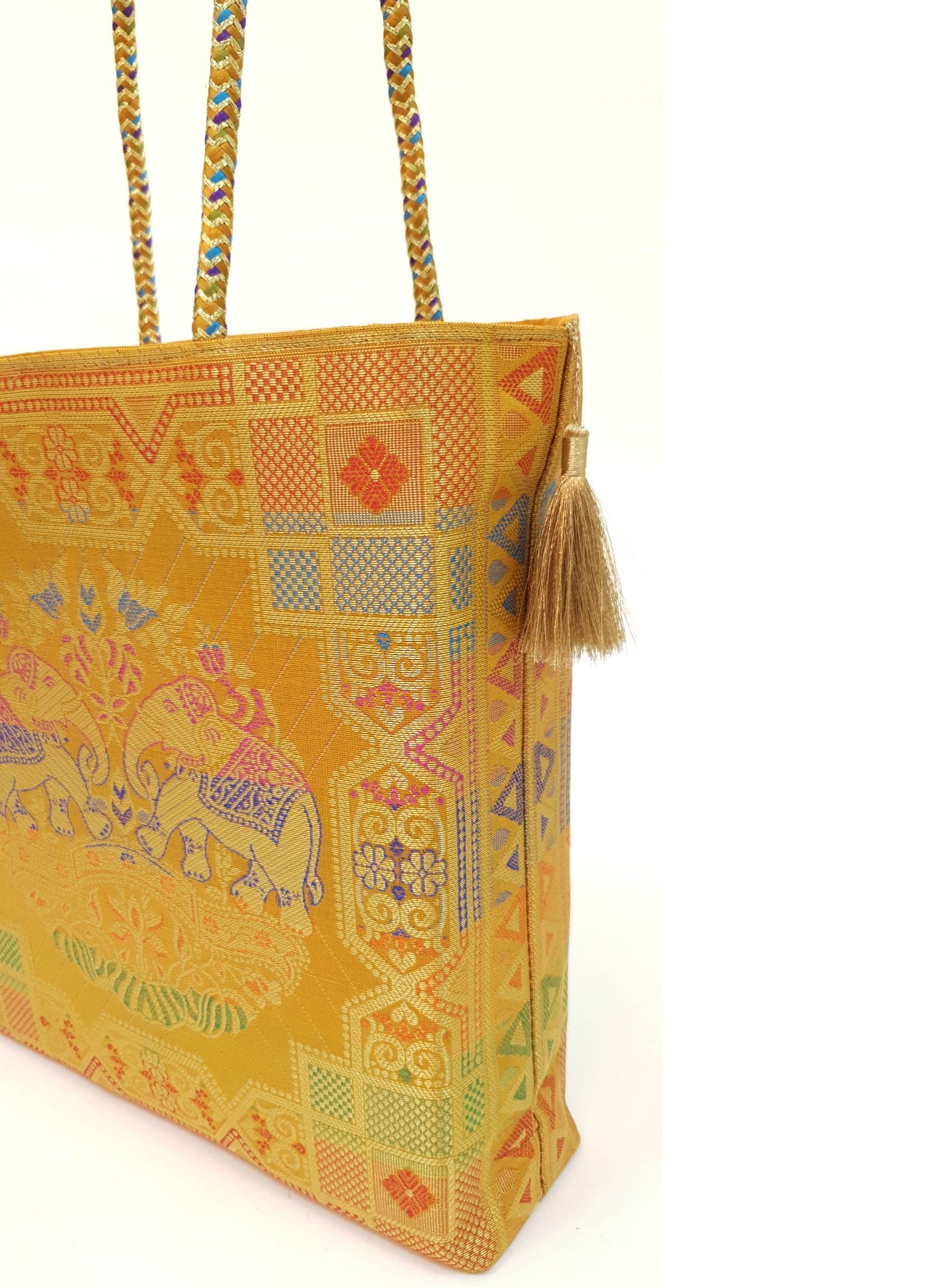 Mustard Hand Bag Ethnic Banarasi Zari Brocade Golden Tassels In Elephant Motif