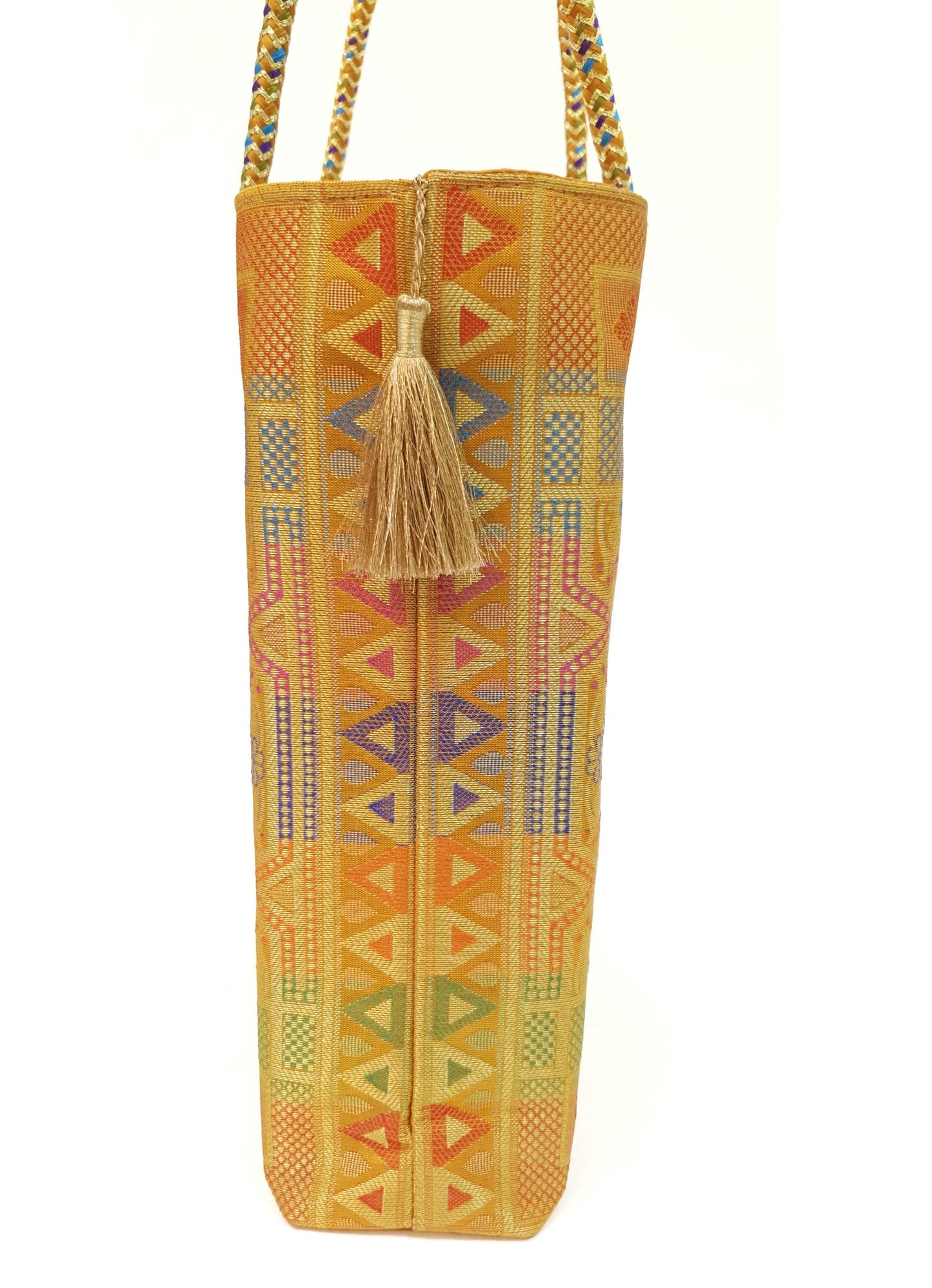 Mustard Hand Bag Ethnic Banarasi Zari Brocade Golden Tassels In Elephant Motif