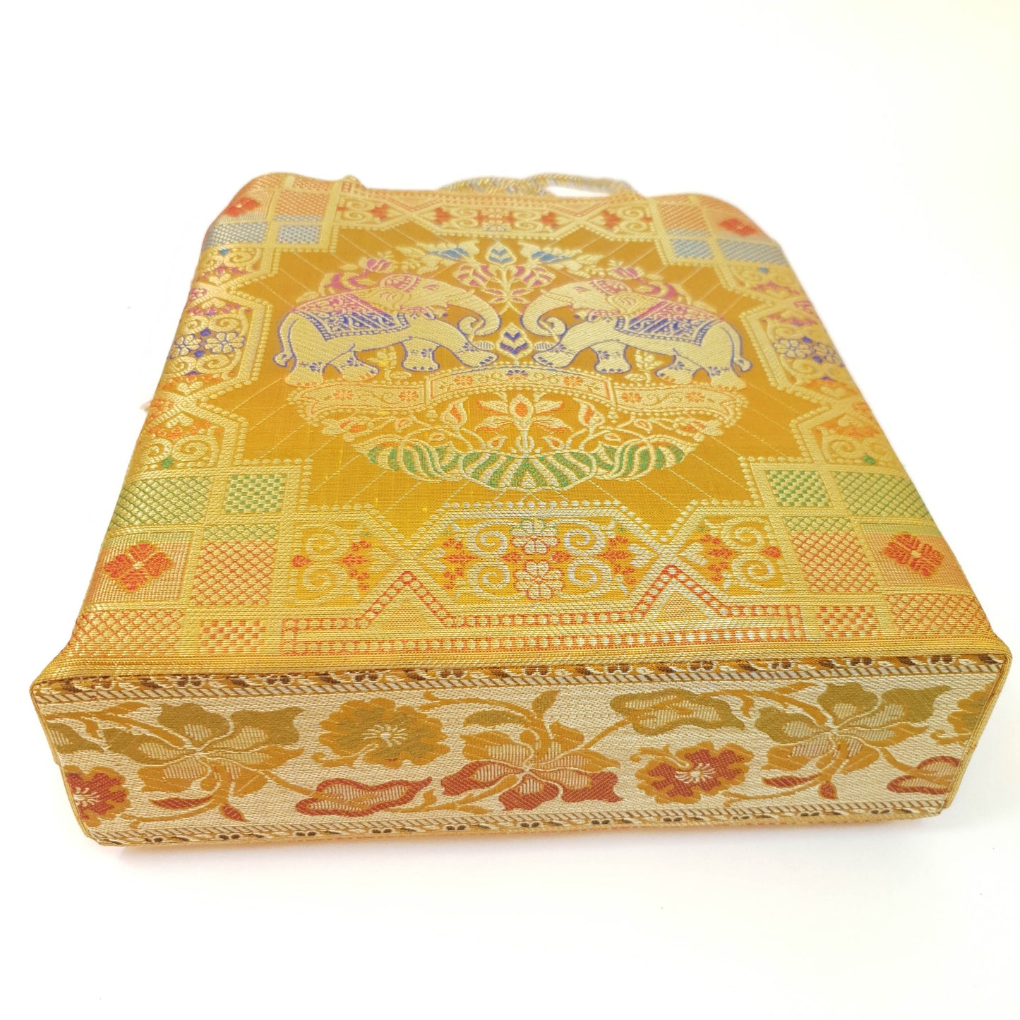 Mustard Hand Bag Ethnic Banarasi Zari Brocade Golden Tassels In Elephant Motif
