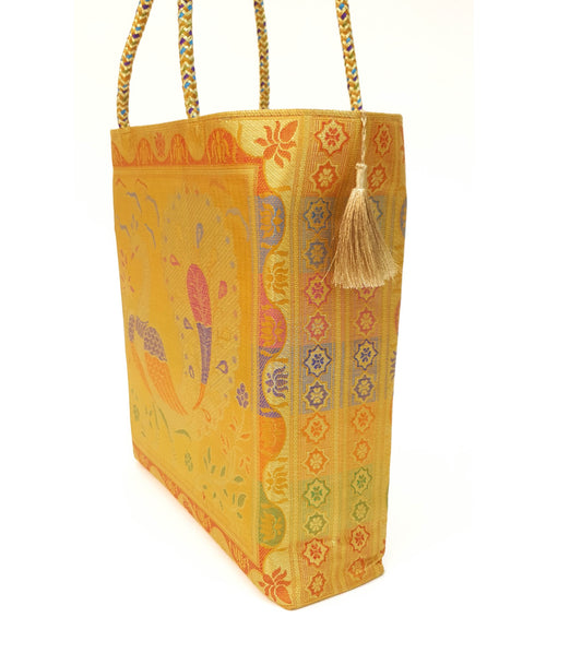 Mustard Handbag Indian Ethnic Peacock Woven Zari Brocade Fabric Shoulder Bag