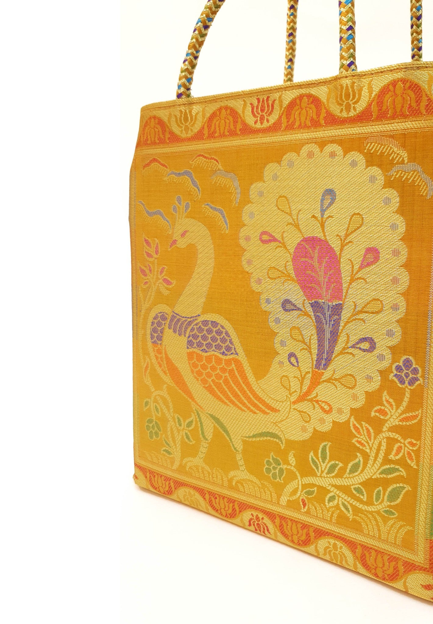Mustard Handbag Indian Ethnic Peacock Woven Zari Brocade Fabric Shoulder Bag