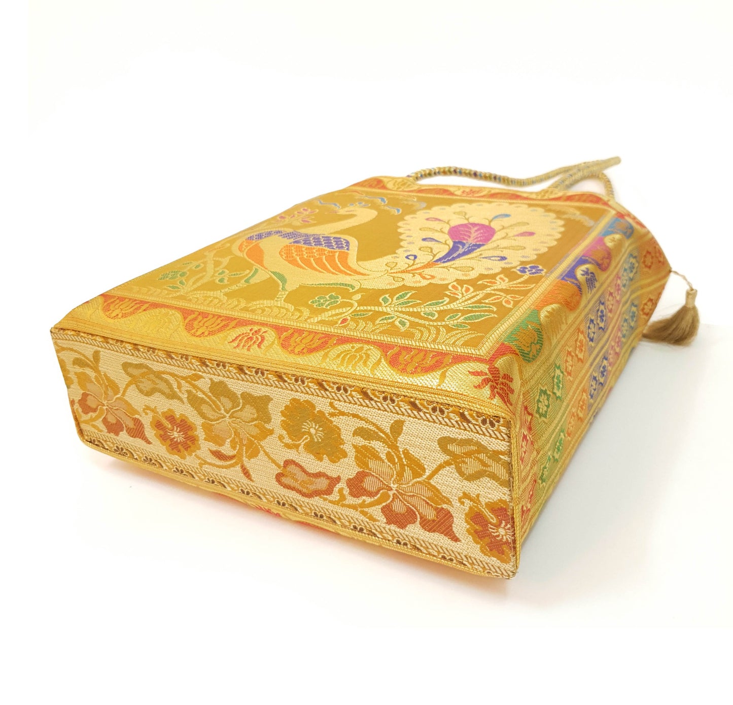 Mustard Handbag Indian Ethnic Peacock Woven Zari Brocade Fabric Shoulder Bag