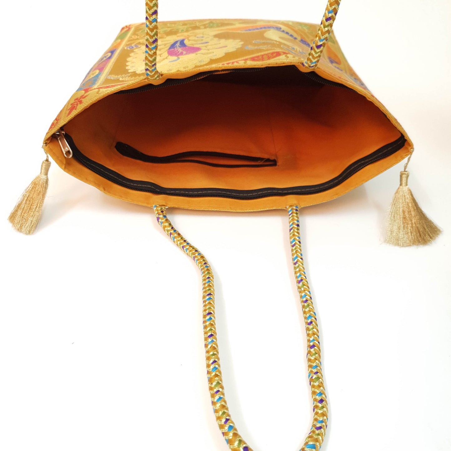 Mustard Handbag Indian Ethnic Peacock Woven Zari Brocade Fabric Shoulder Bag
