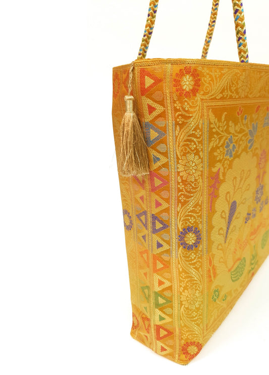 Mustard Peacock Woven Handbag Indian Traditional Zari Brocade Women Shoulder Bag