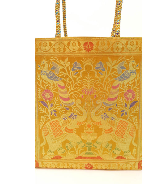 Mustard Handbag Indian Ethnic Peacock Elephant Woven Zari Brocade Shoulder Bag