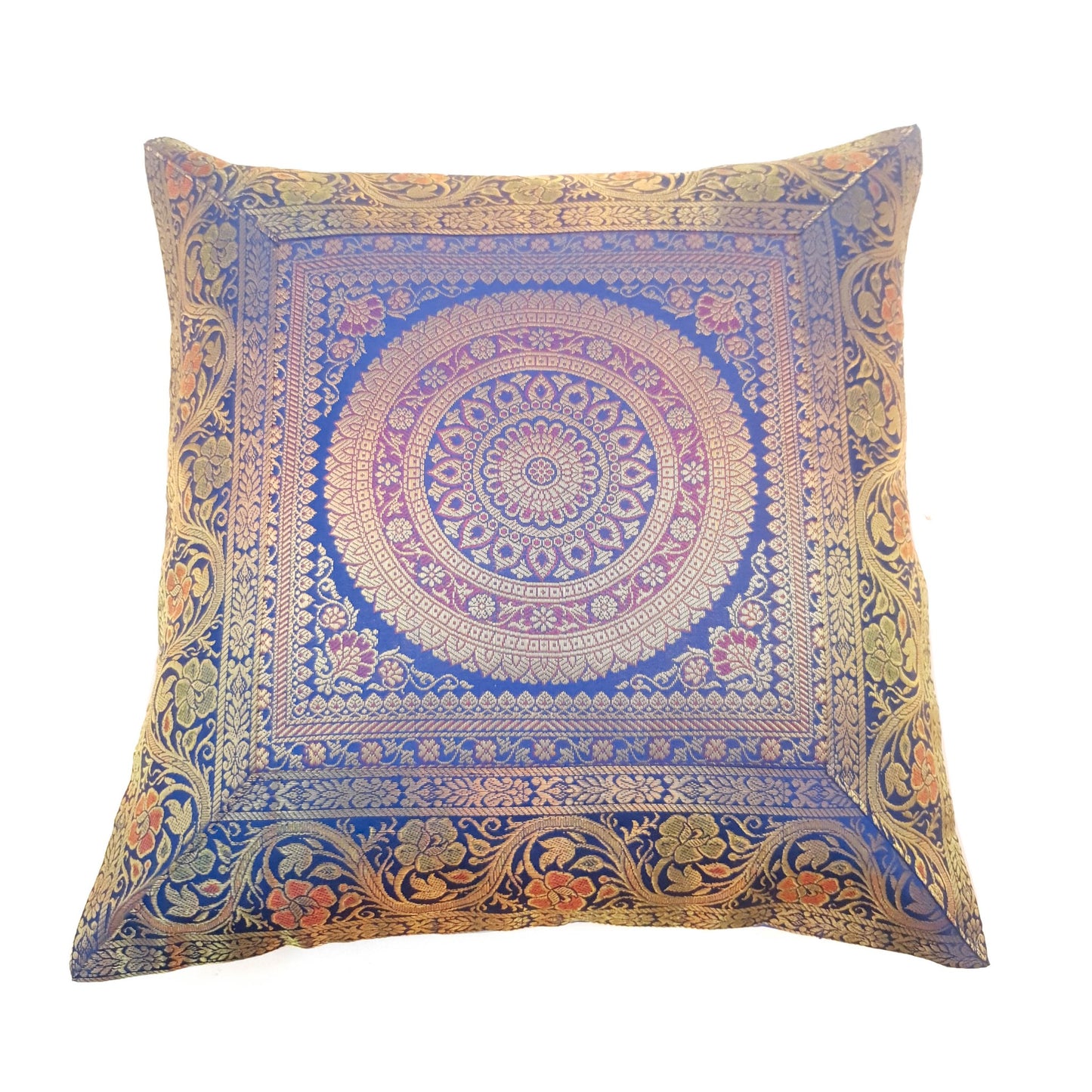 16x16 Inch Blue Cushion Covers Indian Mandala Woven Zari Brocade Banarasi Silk