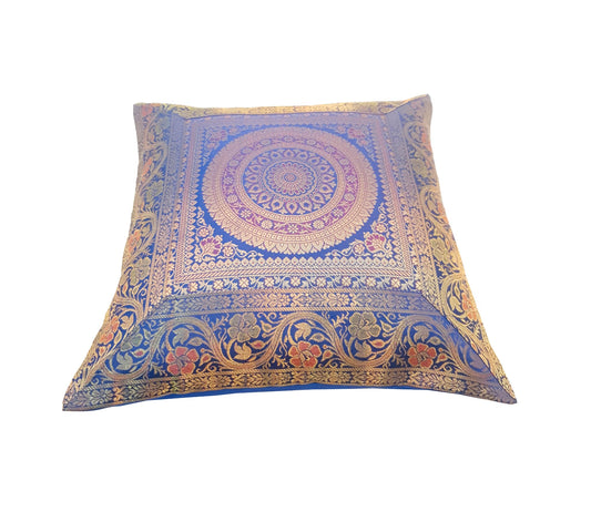 16x16 Inch Blue Cushion Covers Indian Mandala Woven Zari Brocade Banarasi Silk