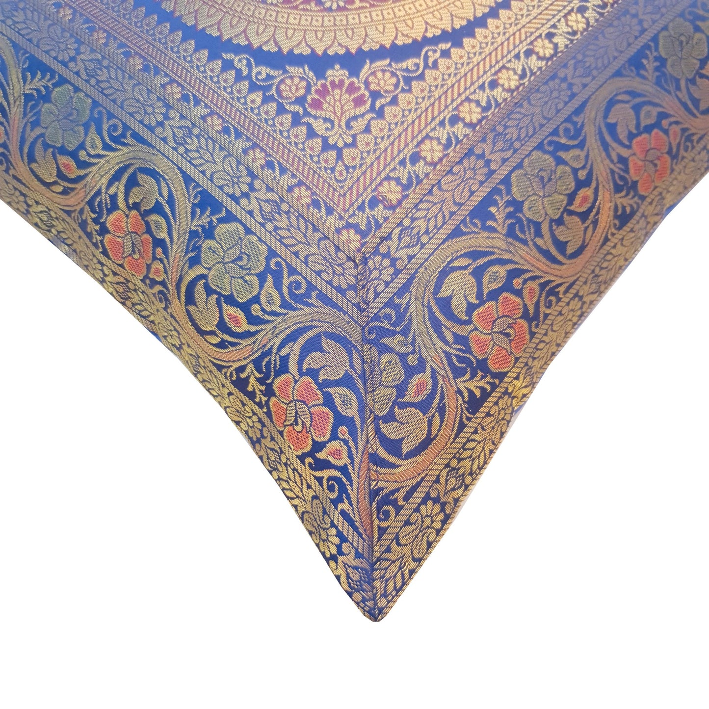 16x16 Inch Blue Cushion Covers Indian Mandala Woven Zari Brocade Banarasi Silk
