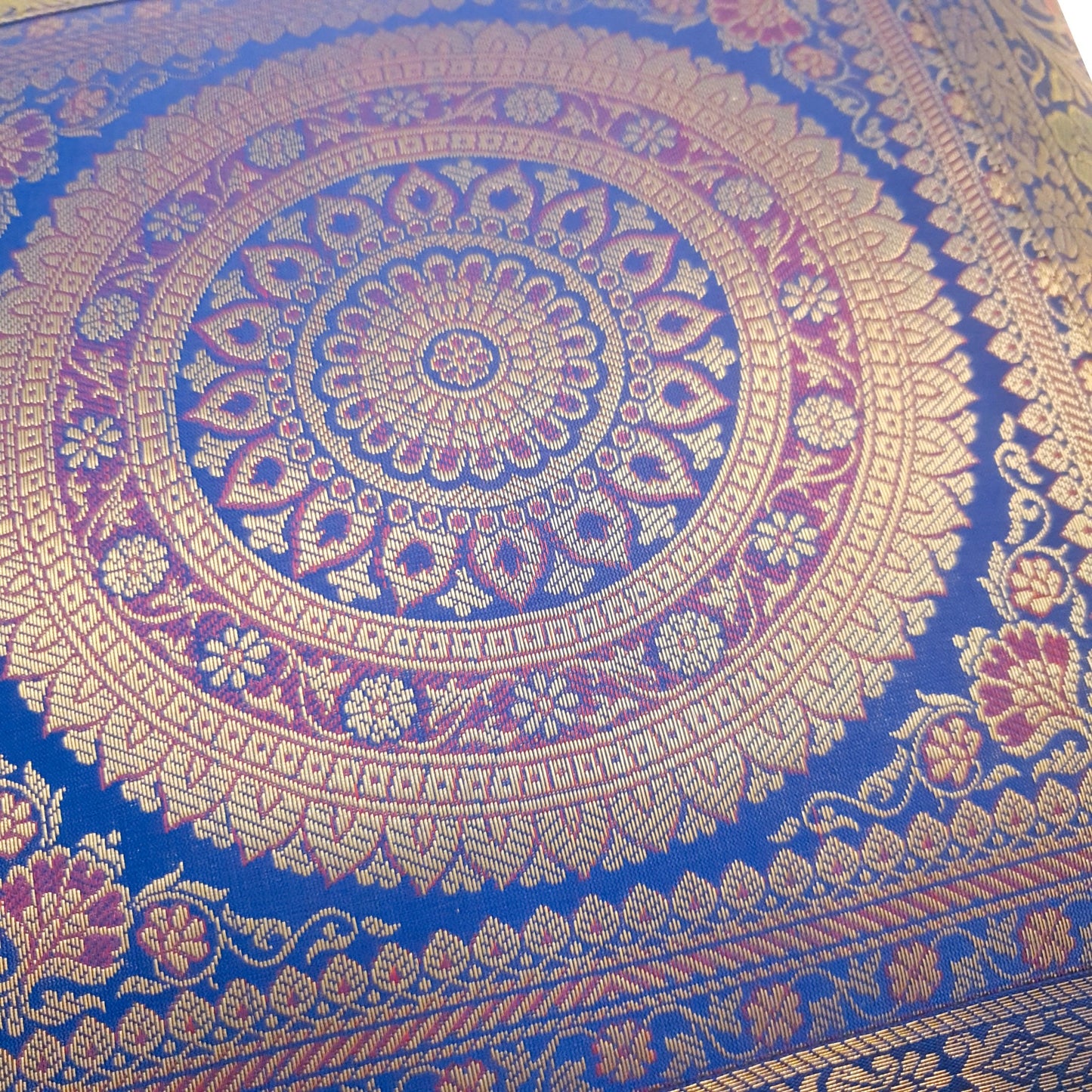 16x16 Inch Blue Cushion Covers Indian Mandala Woven Zari Brocade Banarasi Silk