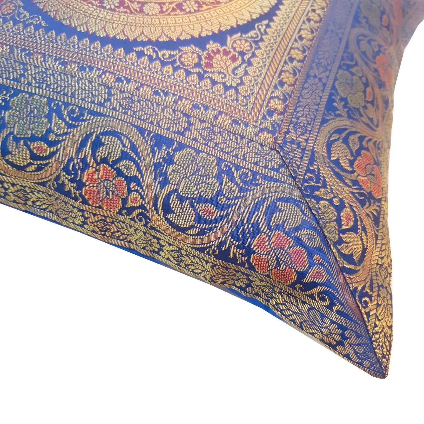 16x16 Inch Blue Cushion Covers Indian Mandala Woven Zari Brocade Banarasi Silk