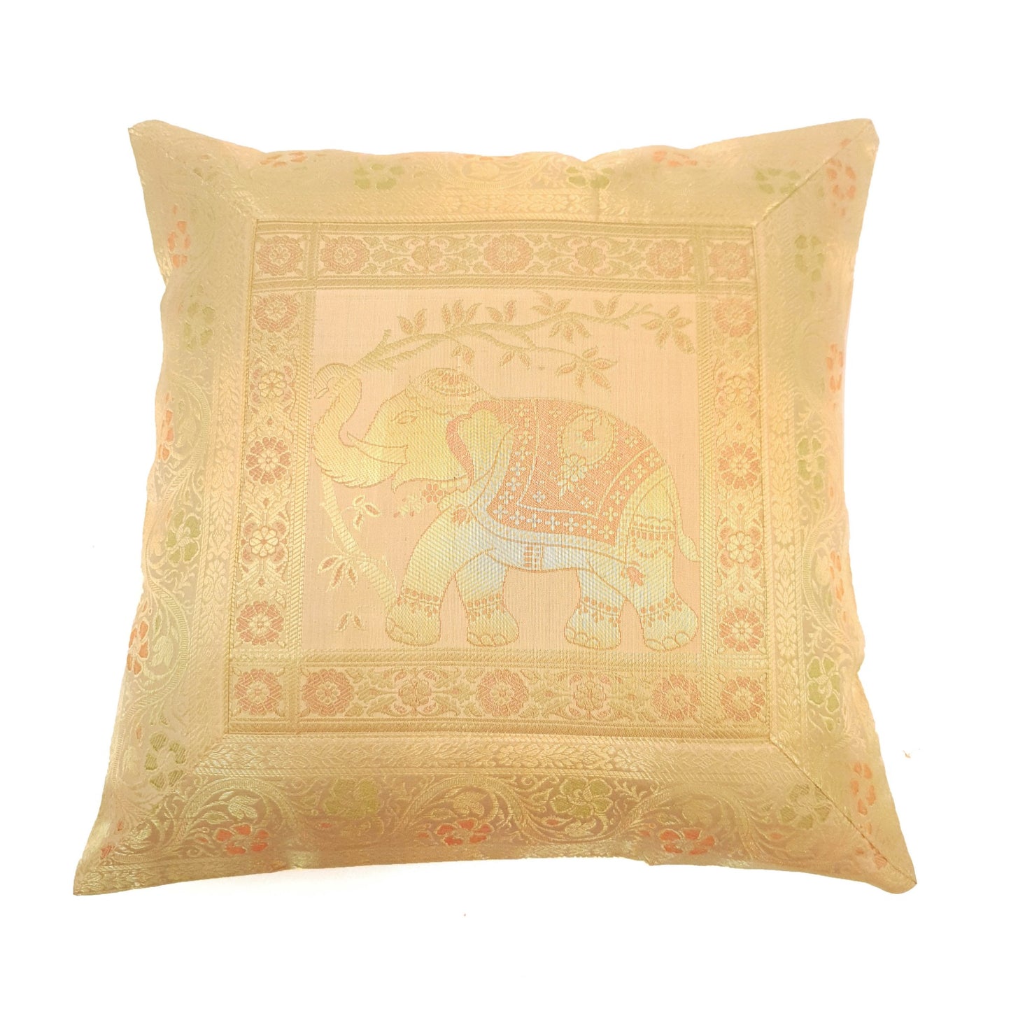 16x16 Inch Peach Cushion Cover Elephant Woven Zari Brocade Banarasi Silk Decor