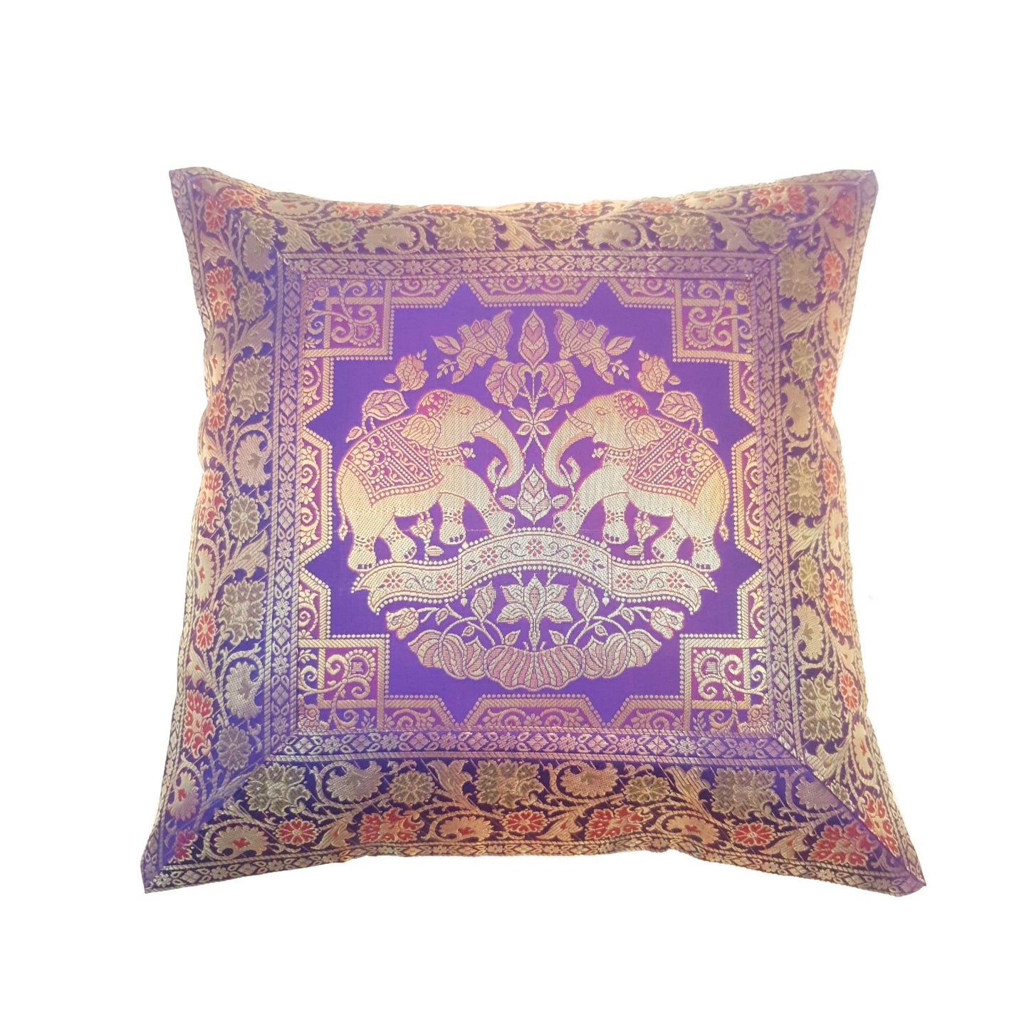 16x16 Inch Purple Cushion Cover Elephant Woven Zari Brocade Banarasi Silk Decor