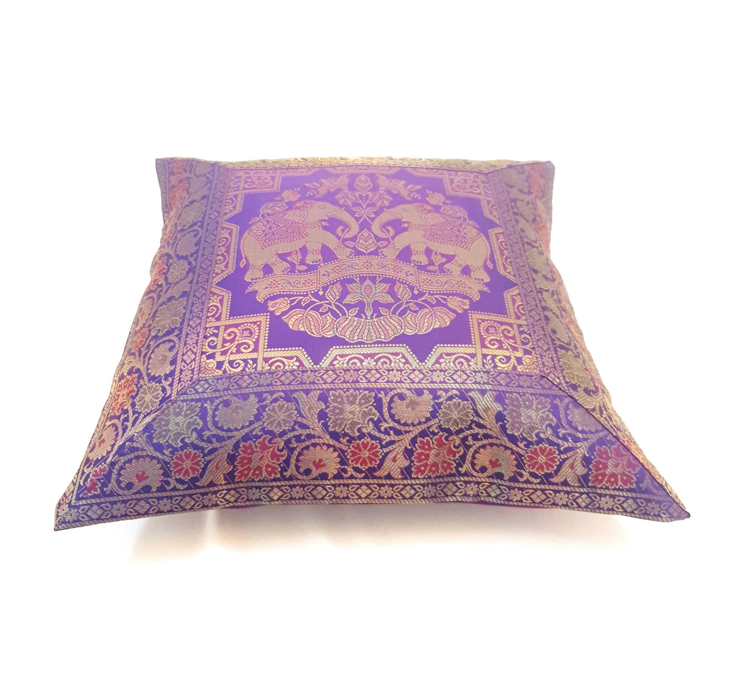 16x16 Inch Purple Cushion Cover Elephant Woven Zari Brocade Banarasi Silk Decor