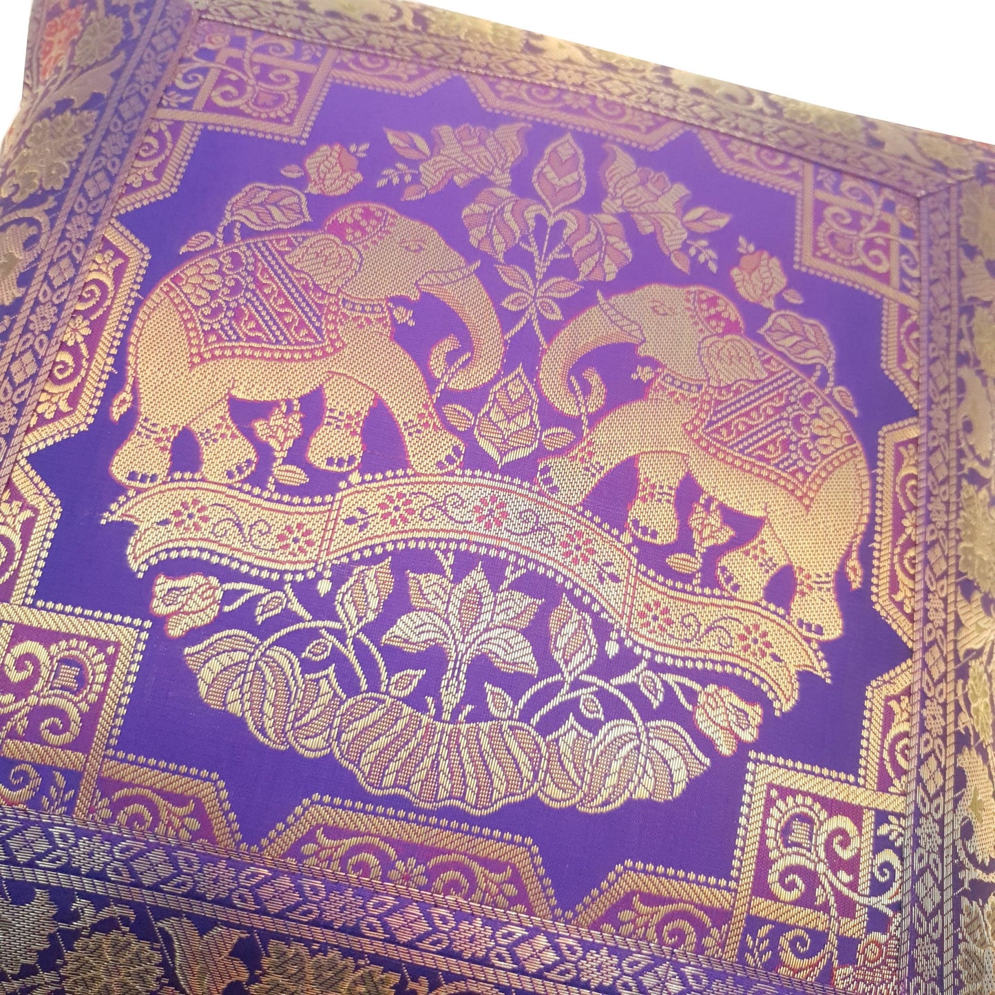 16x16 Inch Purple Cushion Cover Elephant Woven Zari Brocade Banarasi Silk Decor