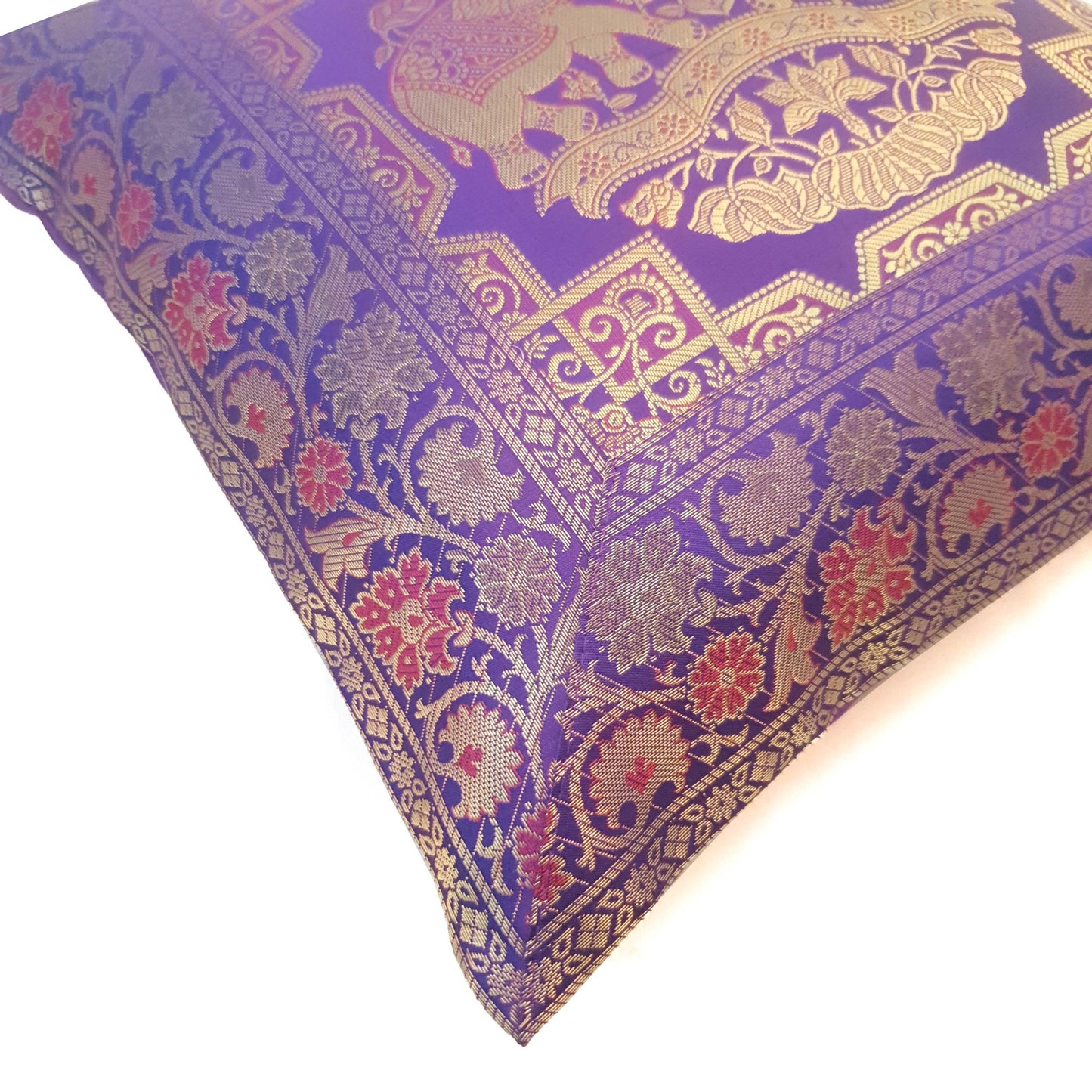 16x16 Inch Purple Cushion Cover Elephant Woven Zari Brocade Banarasi Silk Decor