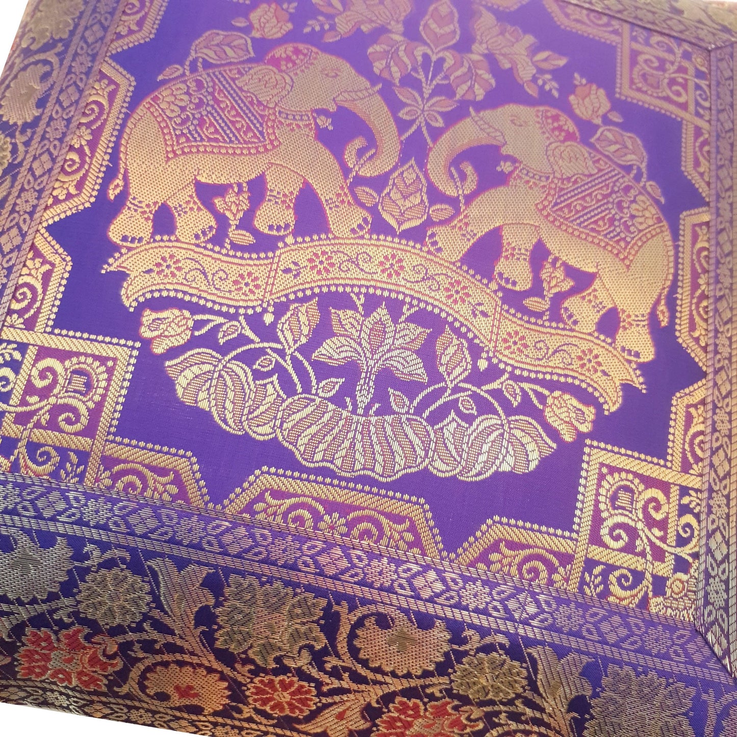 16x16 Inch Purple Cushion Cover Elephant Woven Zari Brocade Banarasi Silk Decor