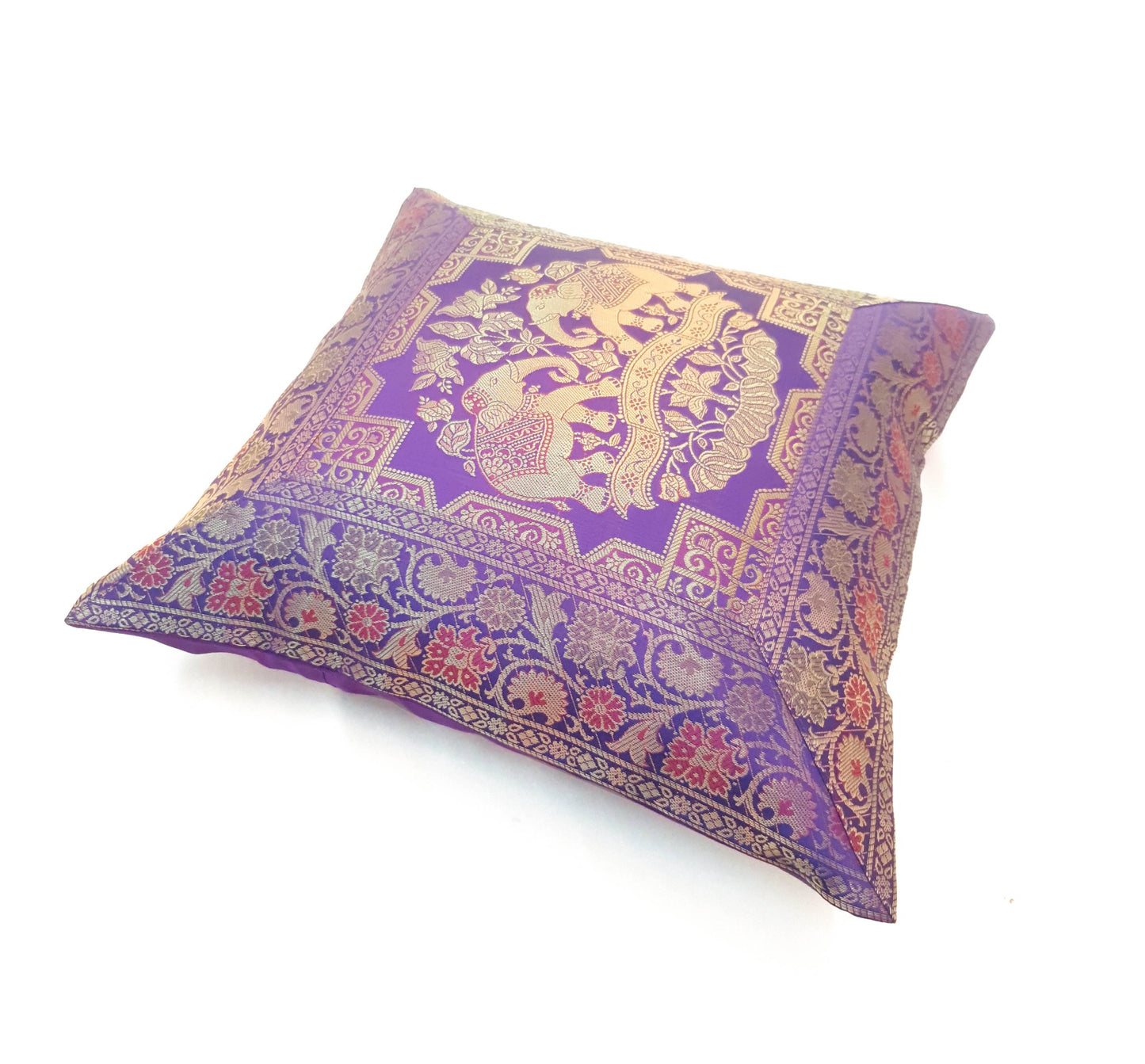 16x16 Inch Purple Cushion Cover Elephant Woven Zari Brocade Banarasi Silk Decor
