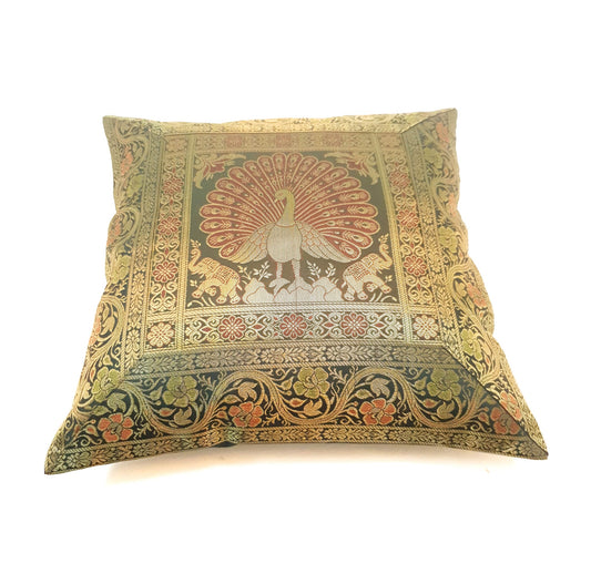 16x16 Inch Green Cushion Cover Peacock Woven Zari Brocade Banarasi Silk Decor