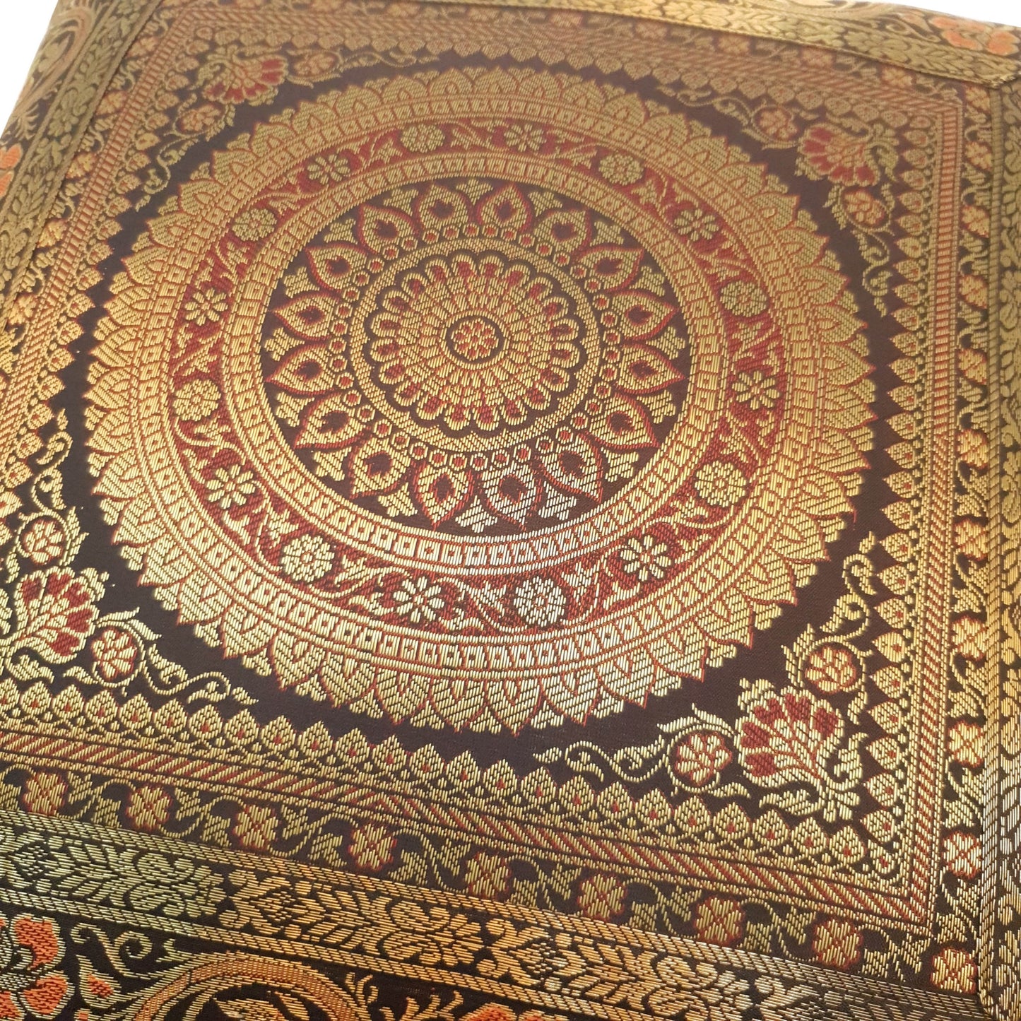 16x16 Inch Black Cushion Covers Indian Woven Zari Brocade Banarasi Silk Mandala
