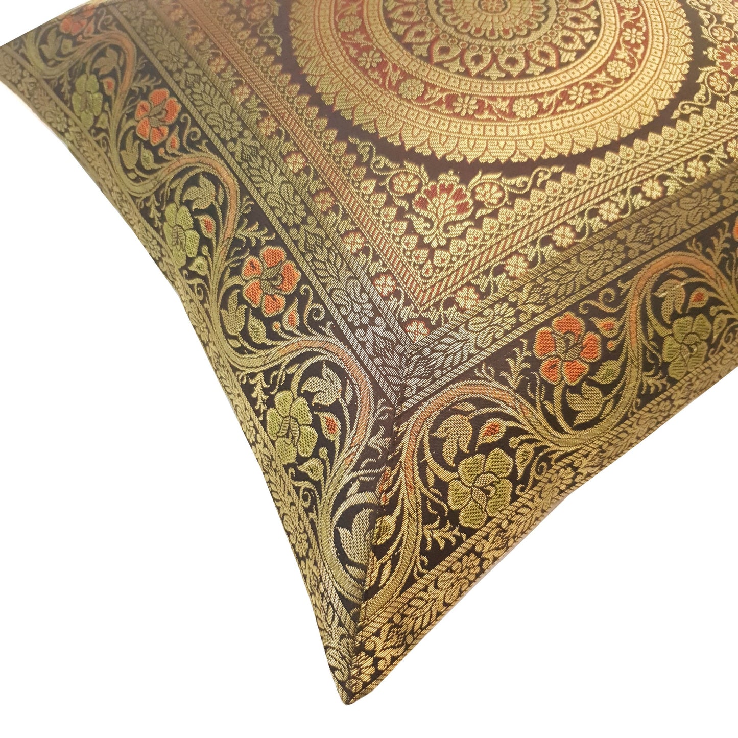 16x16 Inch Black Cushion Covers Indian Woven Zari Brocade Banarasi Silk Mandala