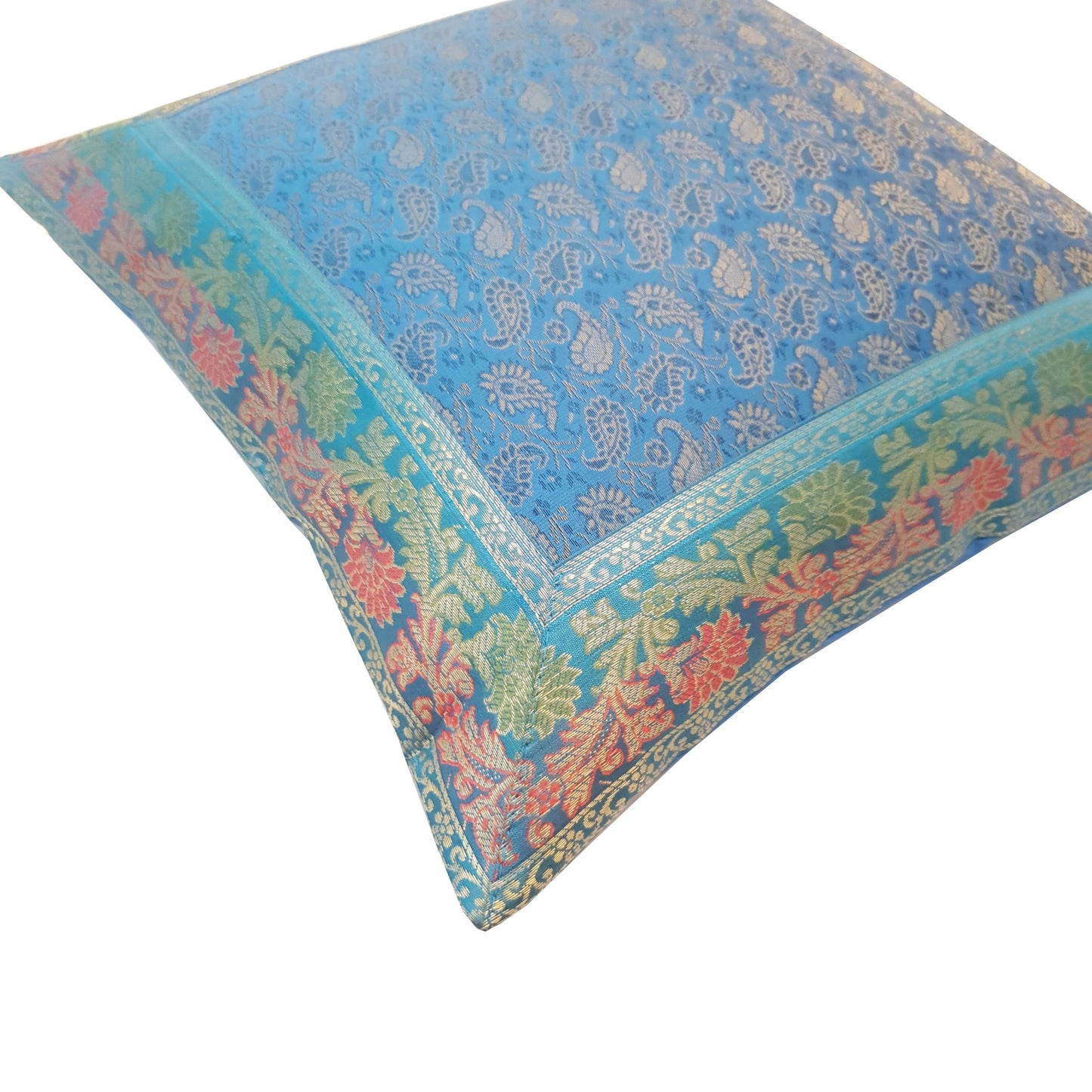 16X16 Inch Banarasi Turquoise Blue Zari Brocade Silk Paisley Cushion Covers