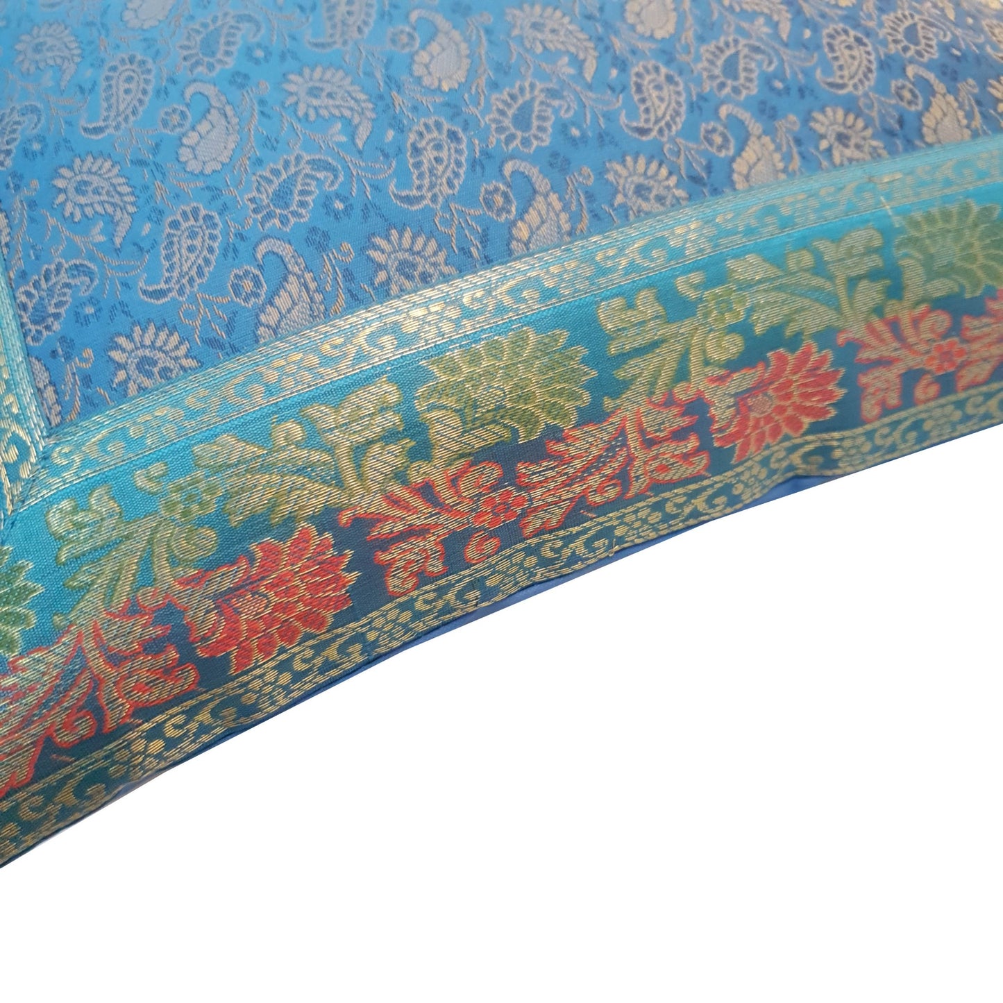 16X16 Inch Banarasi Turquoise Blue Zari Brocade Silk Paisley Cushion Covers