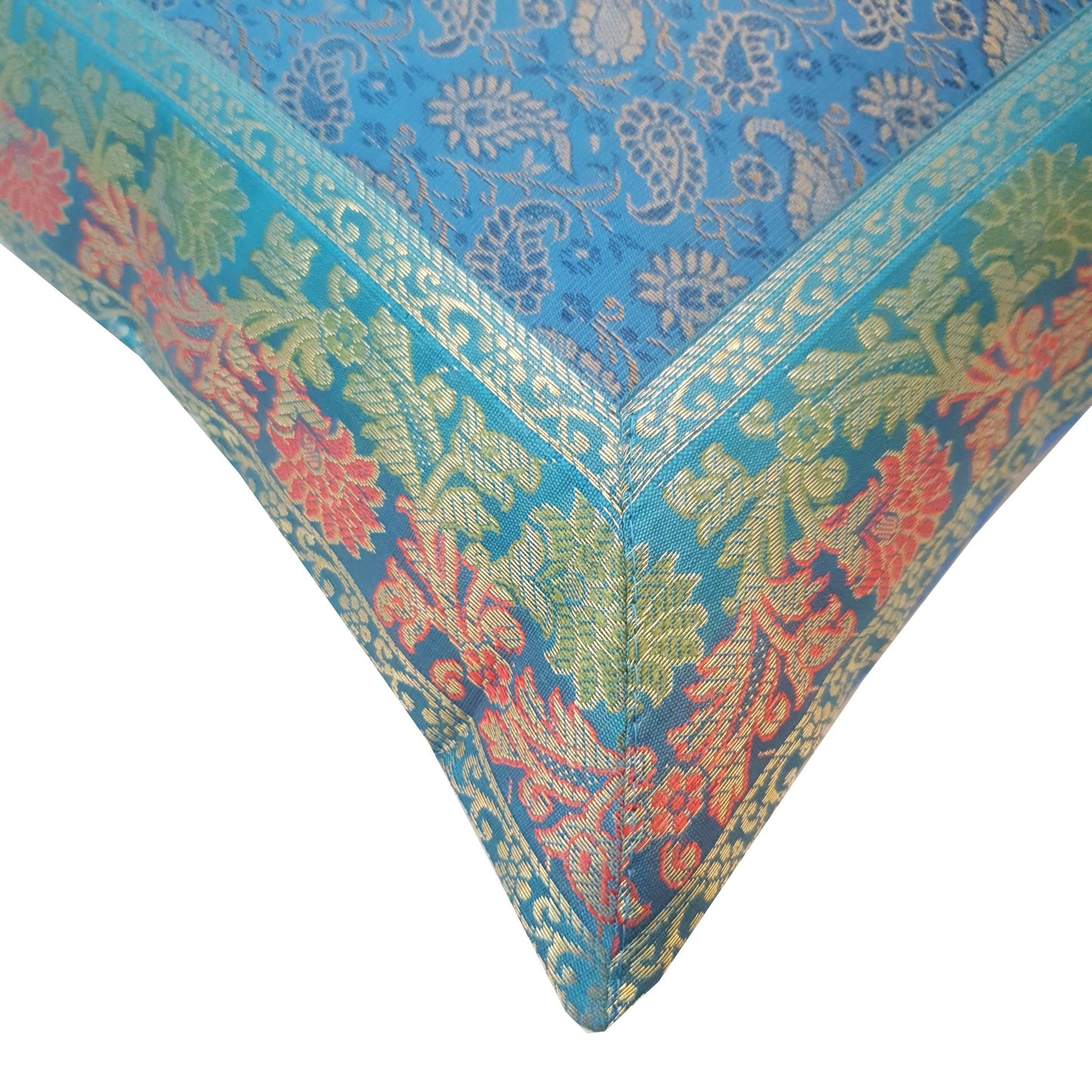 16X16 Inch Banarasi Turquoise Blue Zari Brocade Silk Paisley Cushion Covers