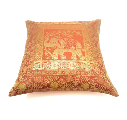 16x16 Inch Brown Cushion Cover Elephant Woven Zari Brocade Banarasi Silk Decor