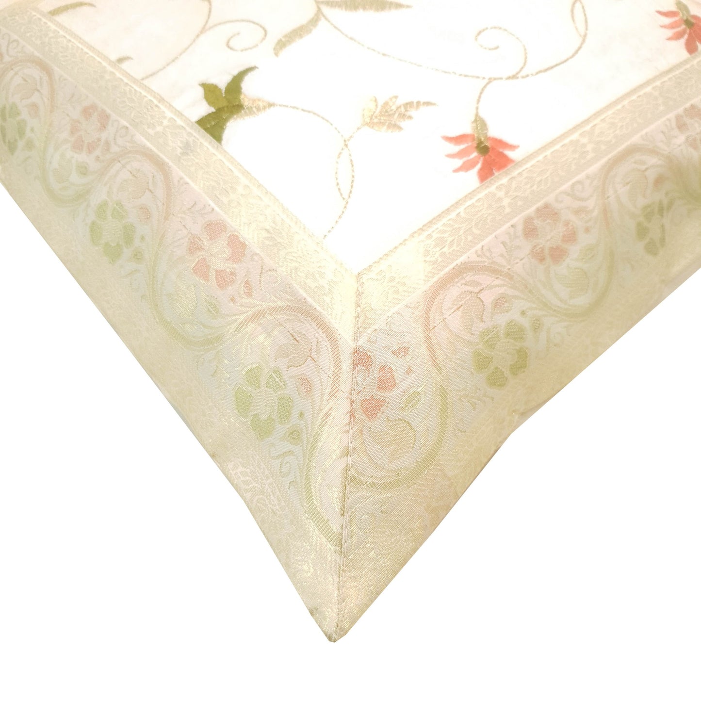 16x16 Inch White Cushion Covers Floral Embroidered Zari Brocade Banarasi Silk