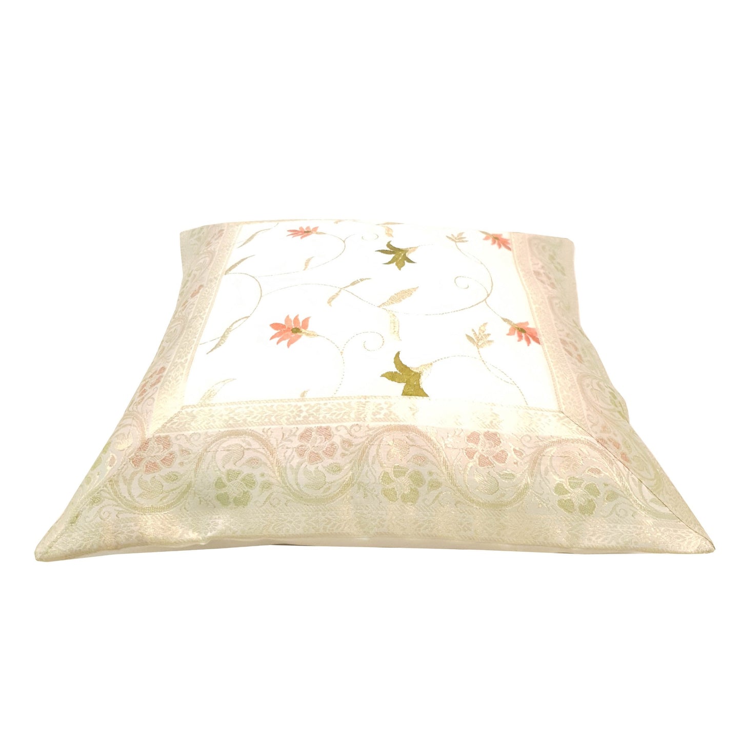 16x16 Inch White Cushion Covers Floral Embroidered Zari Brocade Banarasi Silk