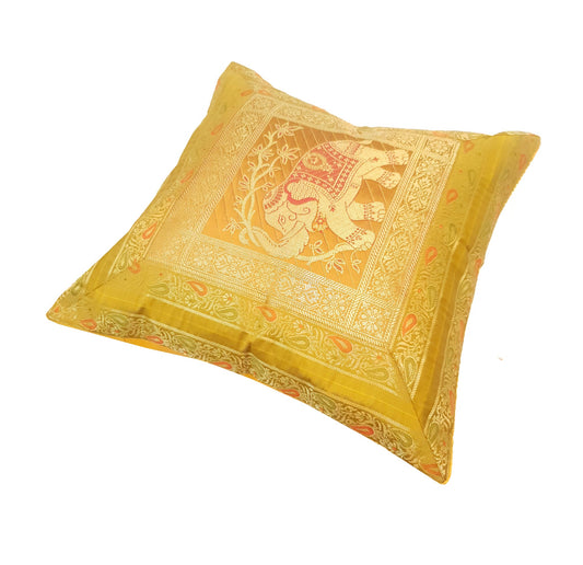16x16 Inch Cushion Cover Mustard Elephant Woven Zari Brocade Banarasi Silk Decor