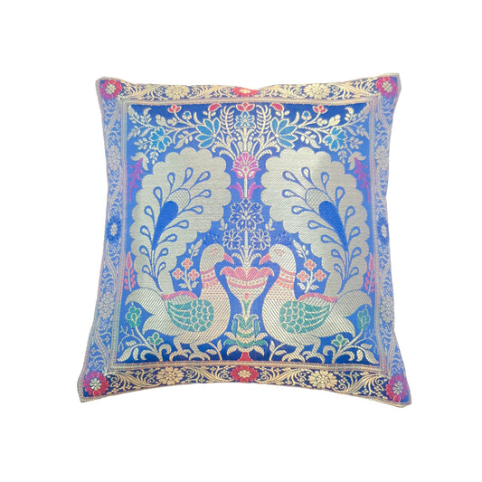 12x12 Inch Blue Cushion Cover Banarasi Decor Woven Peacock Zari Brocade Silk