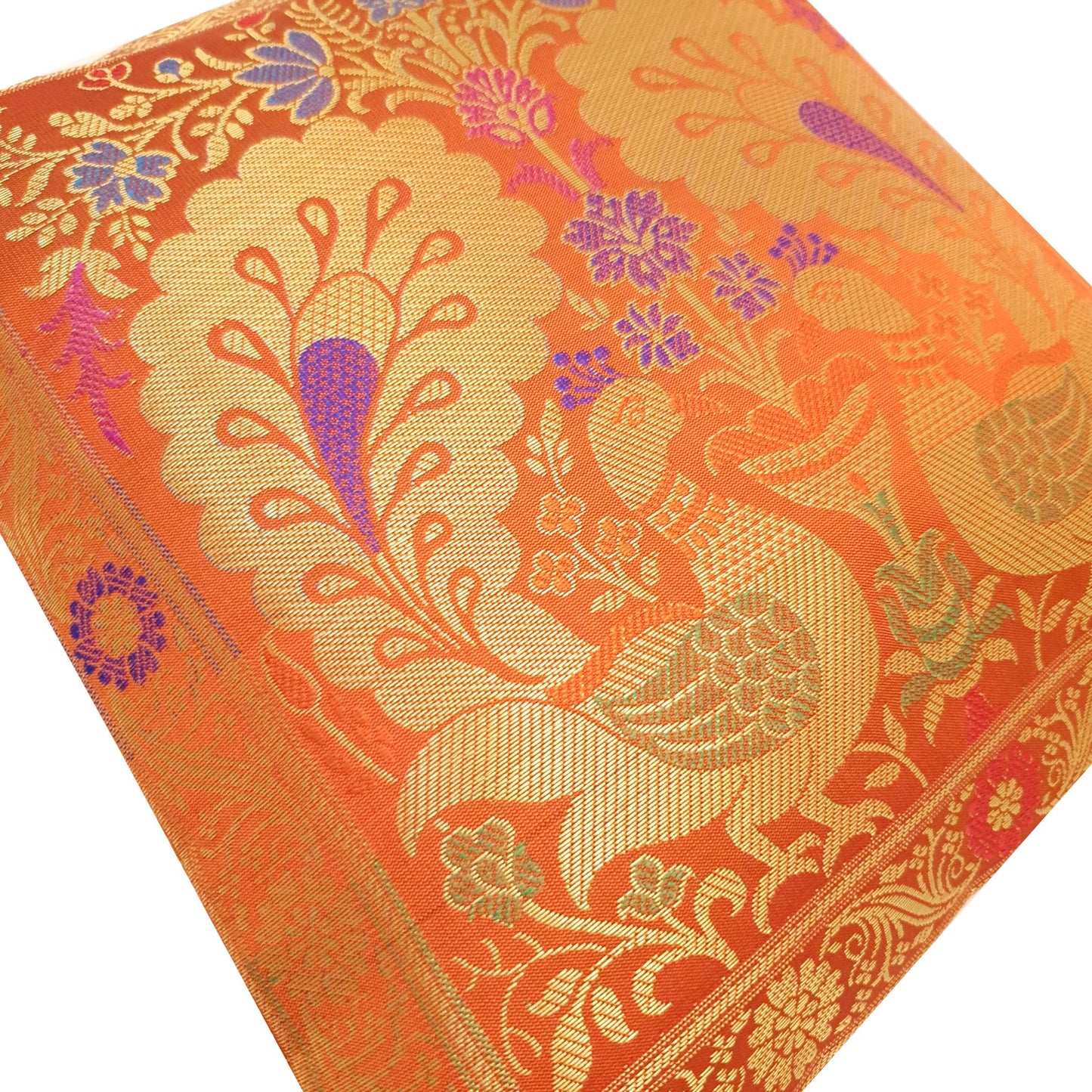 12x12 Inch Cushion Cover Orange Banarasi Decor Woven Peacock Zari Brocade Silk