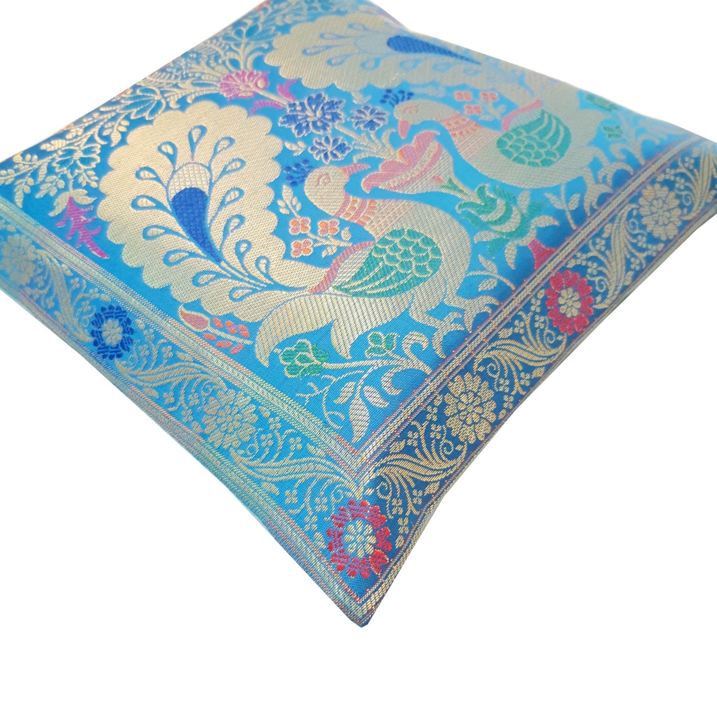 12x12 Inch Cushion Cover Turquoise Blue Banarasi Woven Peacock Zari Brocade Silk