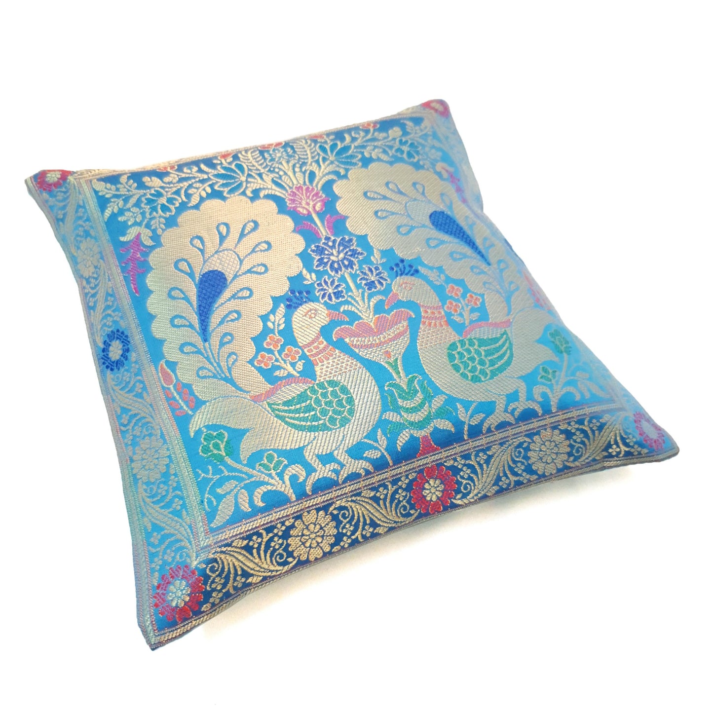 12x12 Inch Cushion Cover Turquoise Blue Banarasi Woven Peacock Zari Brocade Silk