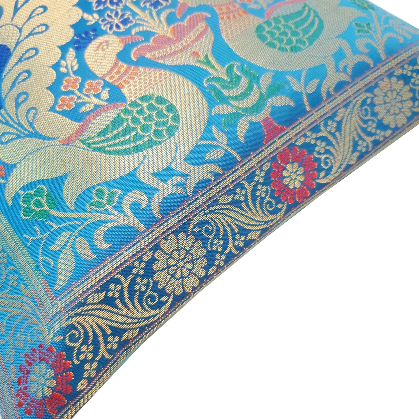 12x12 Inch Cushion Cover Turquoise Blue Banarasi Woven Peacock Zari Brocade Silk