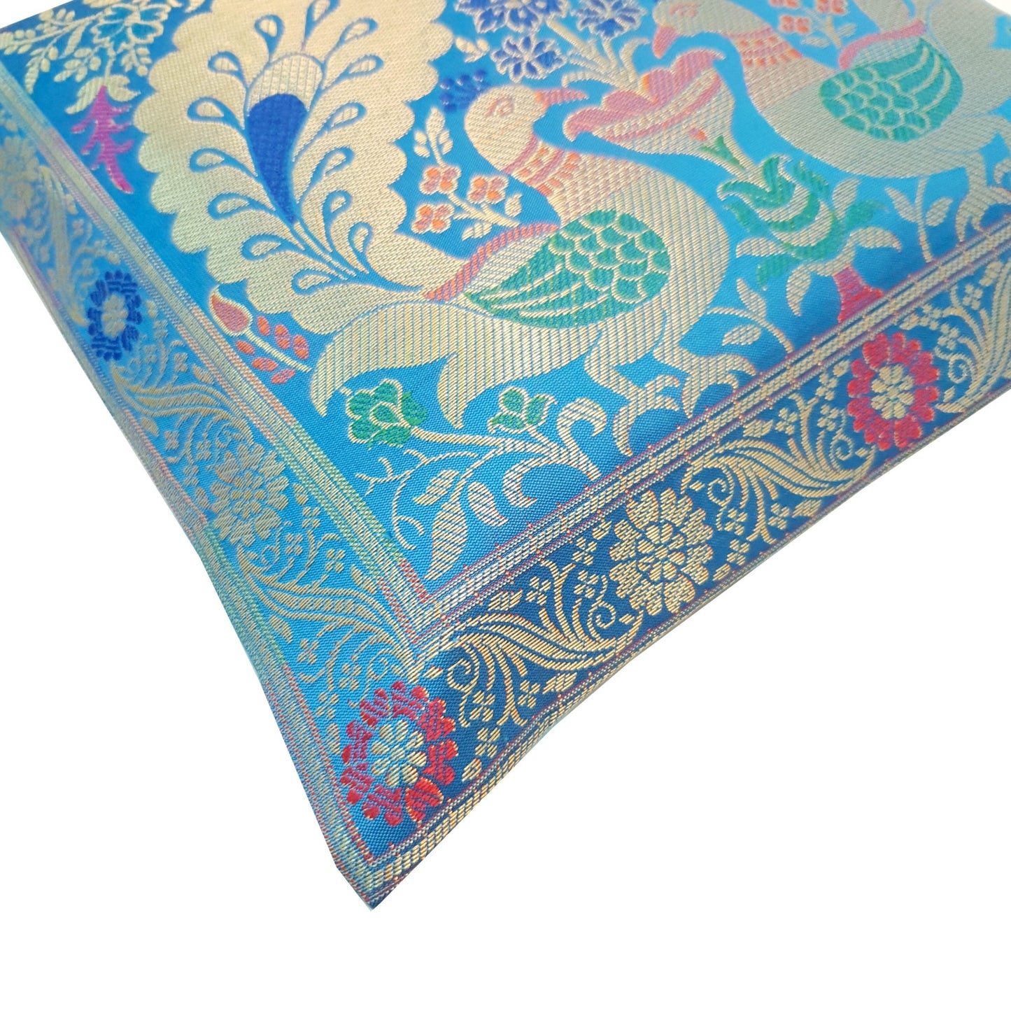 12x12 Inch Cushion Cover Turquoise Blue Banarasi Woven Peacock Zari Brocade Silk