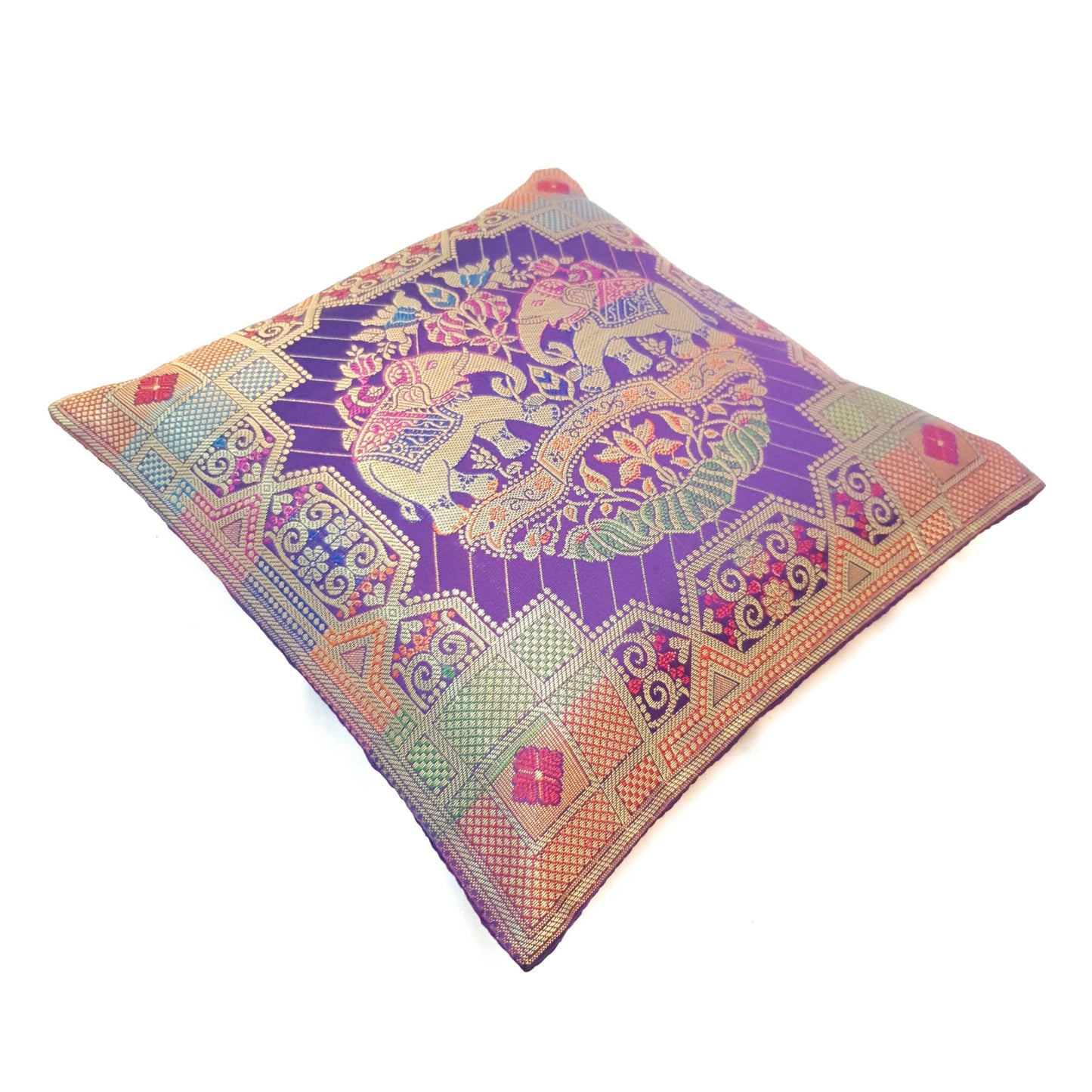 12x12 Inch Purple Cushion Cover Banarasi Decor Elephant Woven Zari Brocade Silk