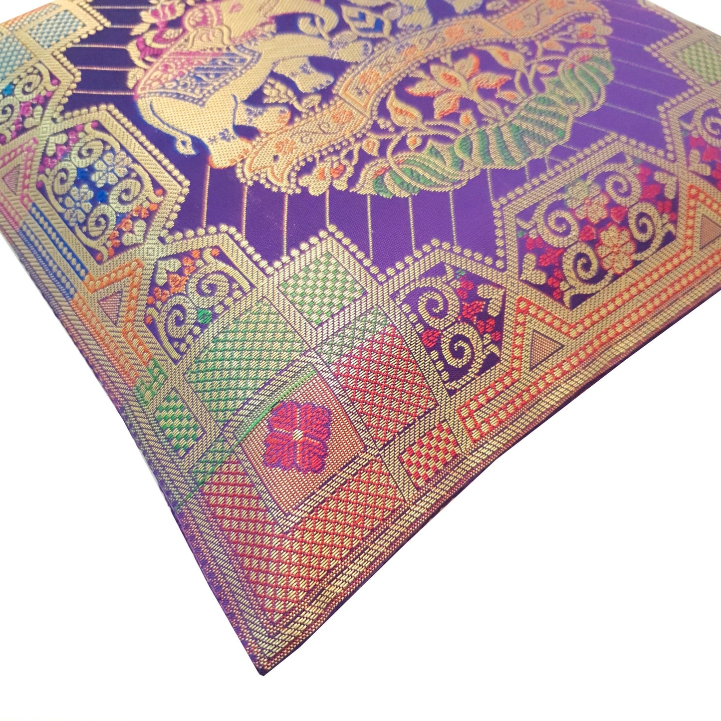 12x12 Inch Purple Cushion Cover Banarasi Decor Elephant Woven Zari Brocade Silk