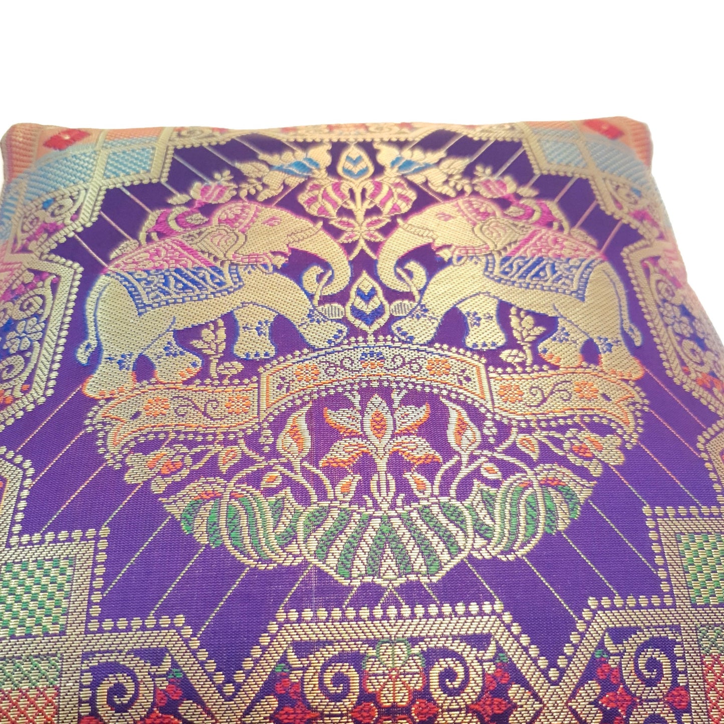 12x12 Inch Purple Cushion Cover Banarasi Decor Elephant Woven Zari Brocade Silk
