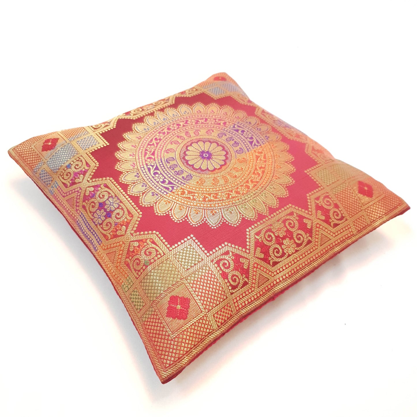12x12 Inch Cushion Covers Indian Banarasi Mandala Woven Zari Brocade Silk Maroon