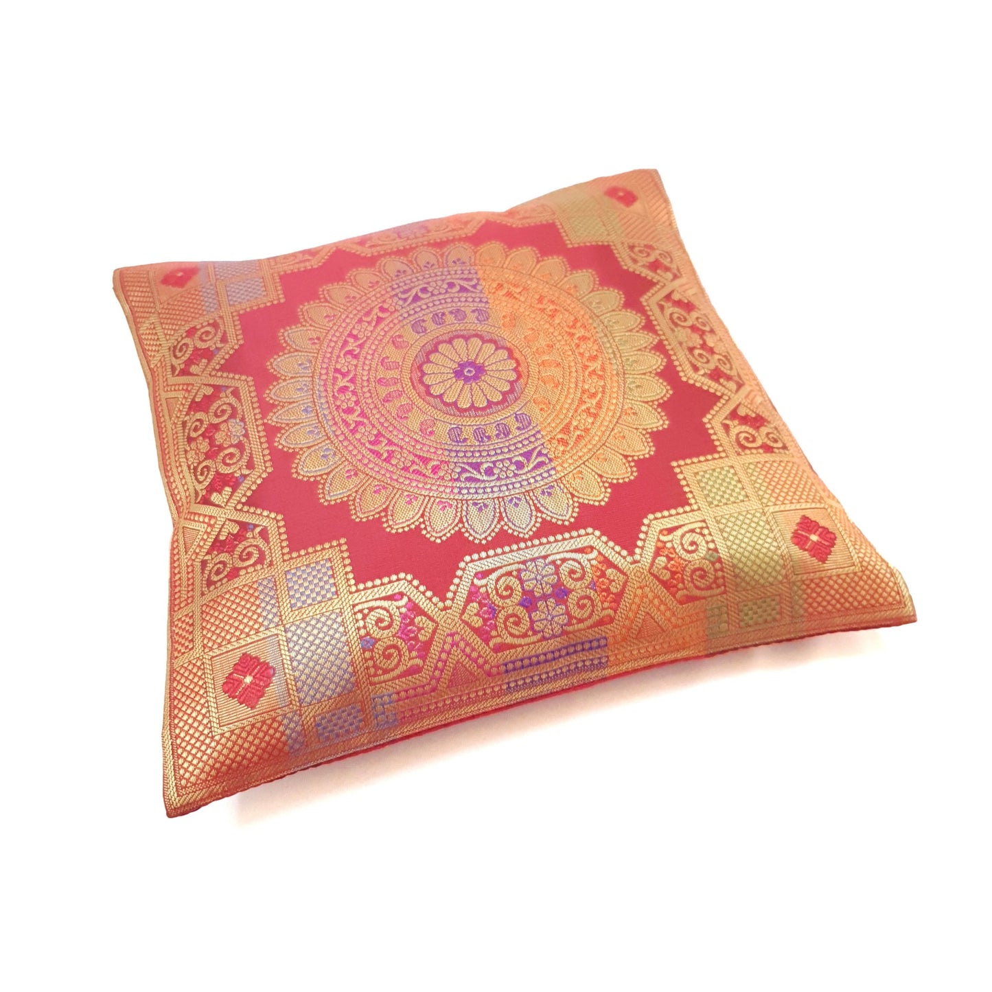 12x12 Inch Cushion Covers Indian Banarasi Mandala Woven Zari Brocade Silk Maroon