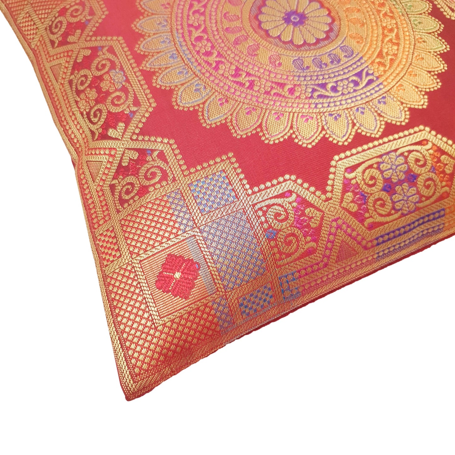 12x12 Inch Cushion Covers Indian Banarasi Mandala Woven Zari Brocade Silk Maroon