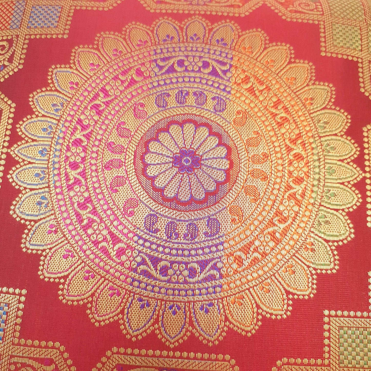 12x12 Inch Cushion Covers Indian Banarasi Mandala Woven Zari Brocade Silk Maroon