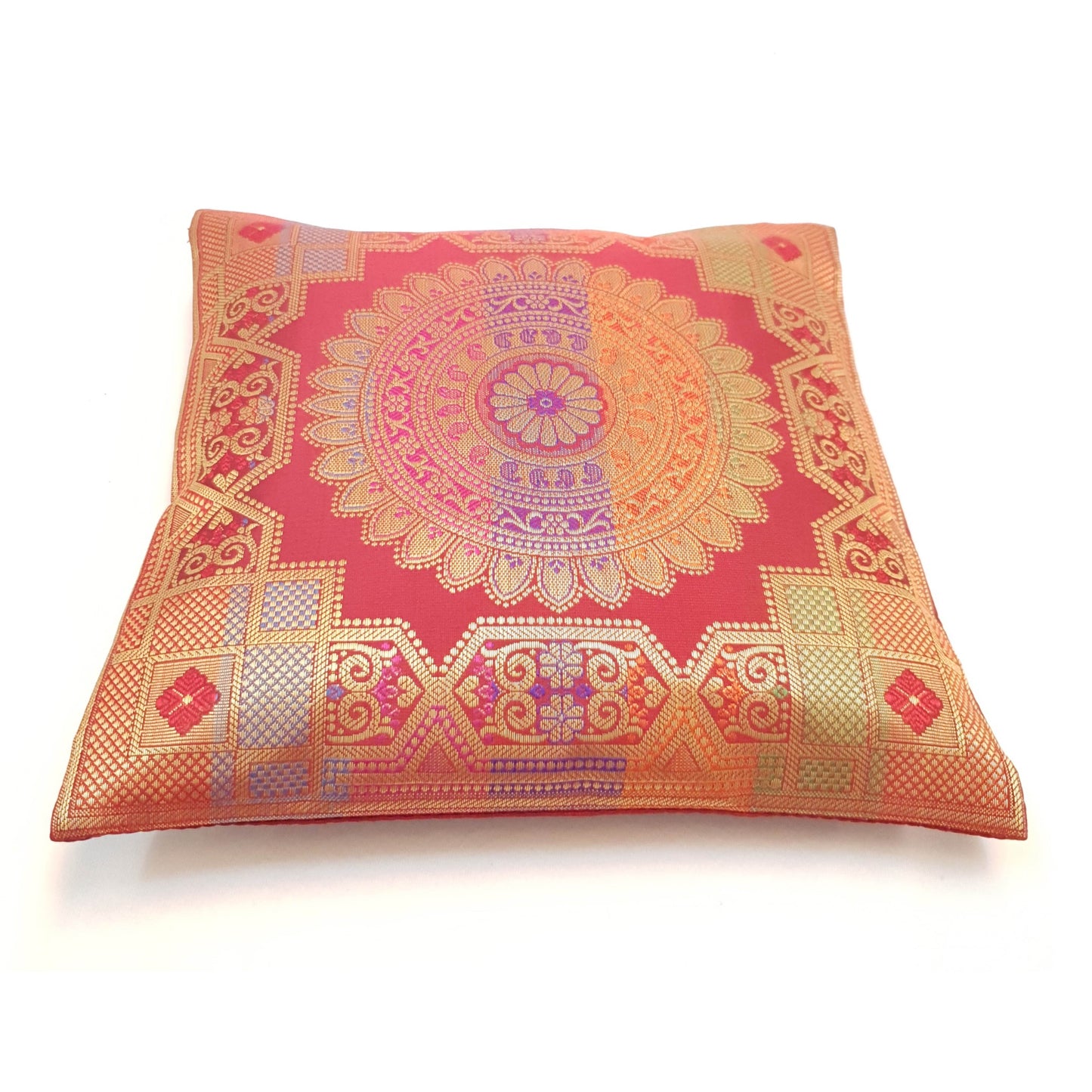 12x12 Inch Cushion Covers Indian Banarasi Mandala Woven Zari Brocade Silk Maroon