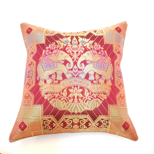 12x12 Inch Maroon Cushion Cover Banarasi Decor Elephant Woven Zari Brocade Silk