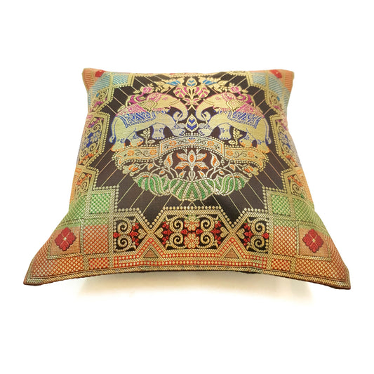 Black 12x12 Inch Cushion Cover Banarasi Decor Elephant Woven Zari Brocade Silk
