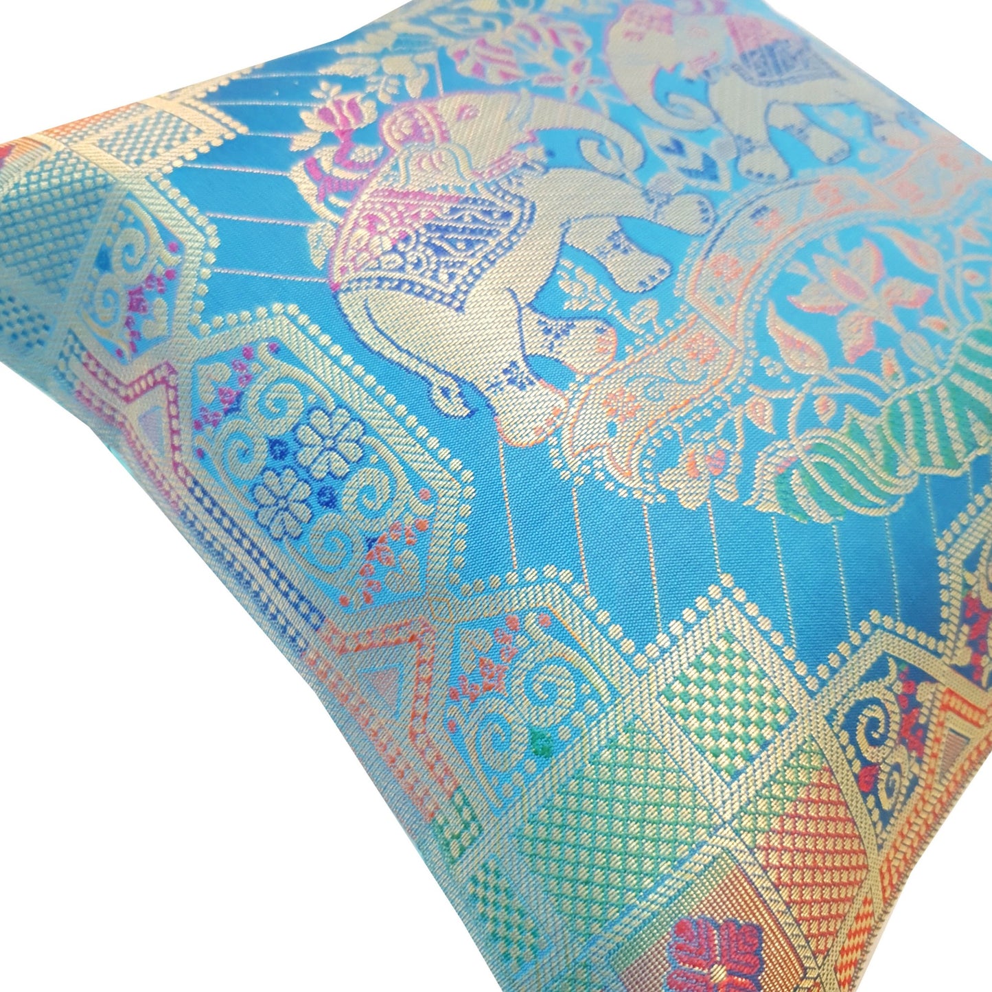 12x12 Inch Cushion Cover Banarasi Turquoise Blue Elephant Woven Brocade Silk