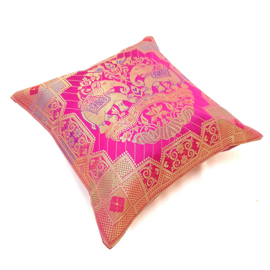 12x12 Inch Pink Cushion Cover Banarasi Indian Elephant Woven Zari Brocade Silk