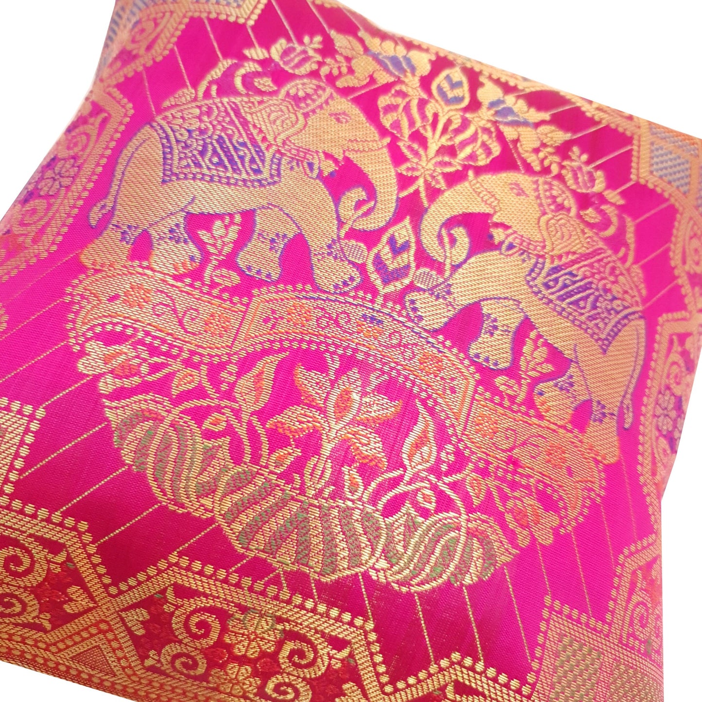 12x12 Inch Pink Cushion Cover Banarasi Indian Elephant Woven Zari Brocade Silk